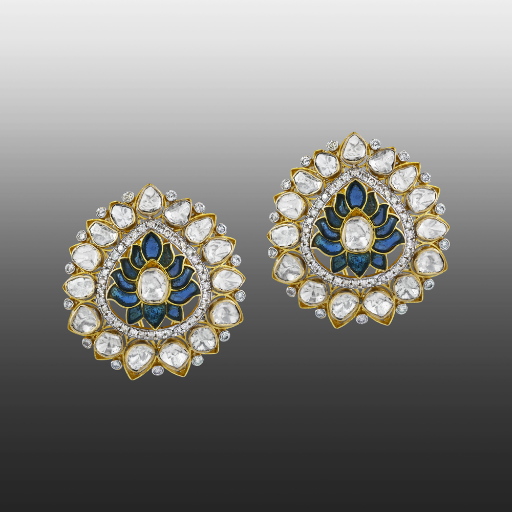 Blue Talaf Lotus Earrings with Uncut Diamonds